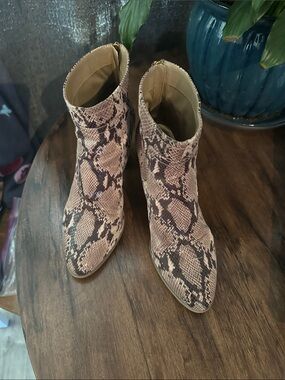 Anne Klein Snake-Print Pointed Ankle Boots in Beige and Brown